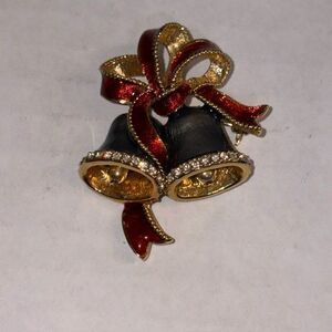 Monet Bells w/ Red Bow Brooch Christmas Enamel Clear Rhinestones